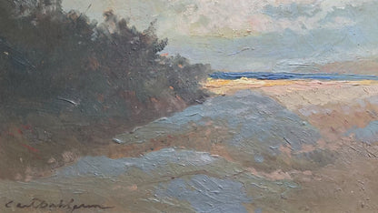 Sunlight on the Shore - Vintage Scandinavian Oil on Board Framed Painting of the Last Sun on a Beach Shoreline