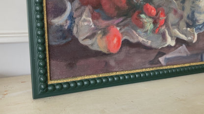 Kitchen Still Life - An Original Vintage Still Life Oil Painting of Tomatoes, Apple and Vase by George Weissbort Framed Original Kitchen Art