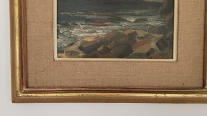 Evening Coast - Vintage Scandinavian Mid Century Oil on Board Framed Painting of Waves on Rocks under an Evening Sky