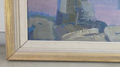 Coastal Houses - Mid Century Modern Swedish Oil on Canvas Painting Dated 1955